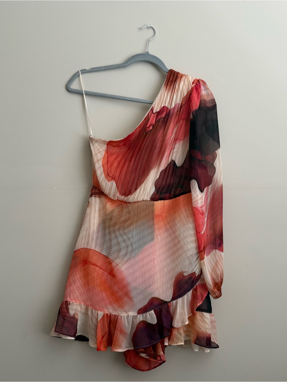 Express Watercolor One-Shoulder Mini Dress - Red, Pink, Cream